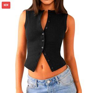 Ribbed Crop Tank Top, Y2K Button-Down, Summer Stretch Fabric, Casual Wear